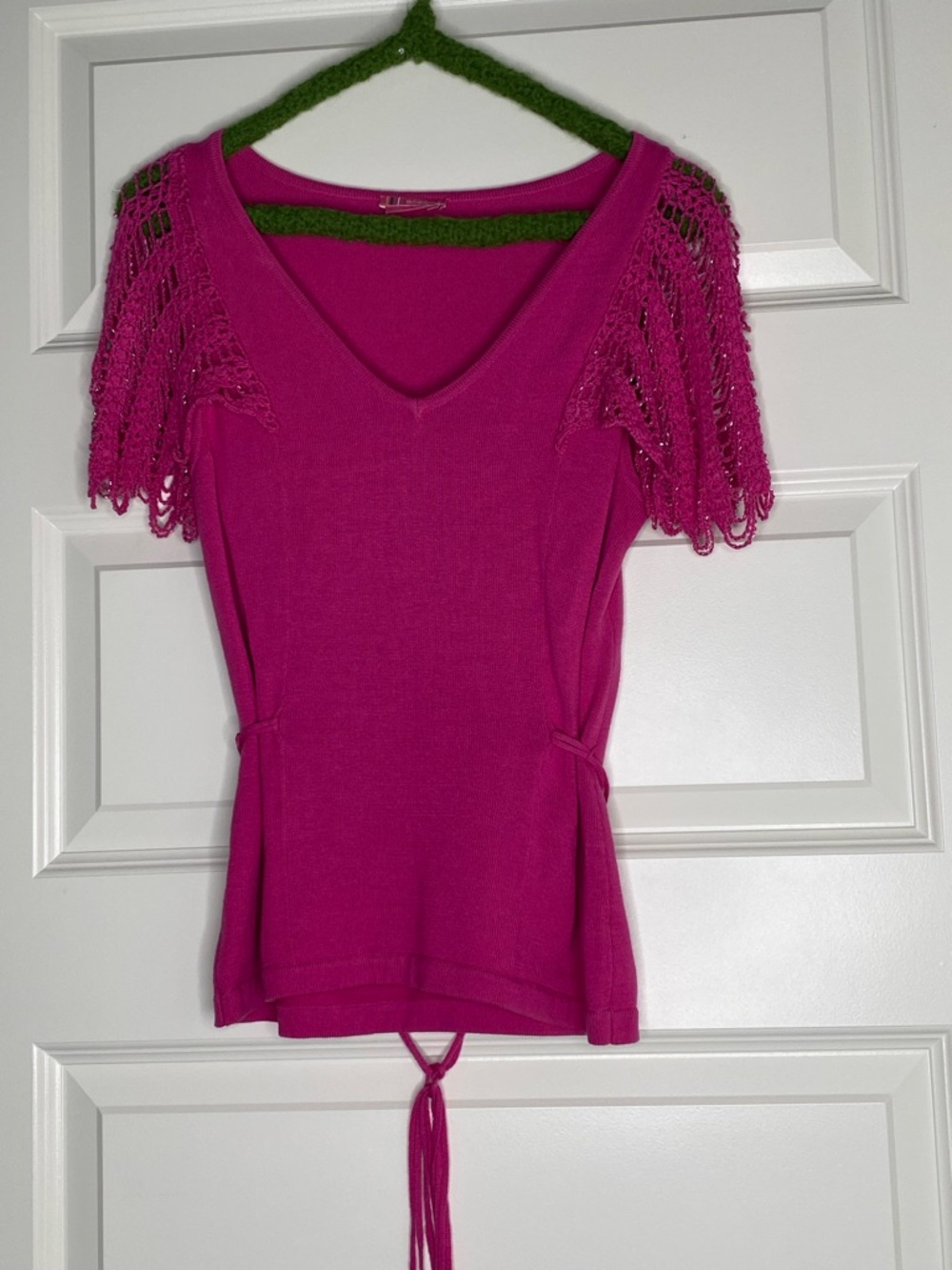 BCBGirls Hot Pink V-Neck Knit Top with Beaded Crochet Fringe Sleeves